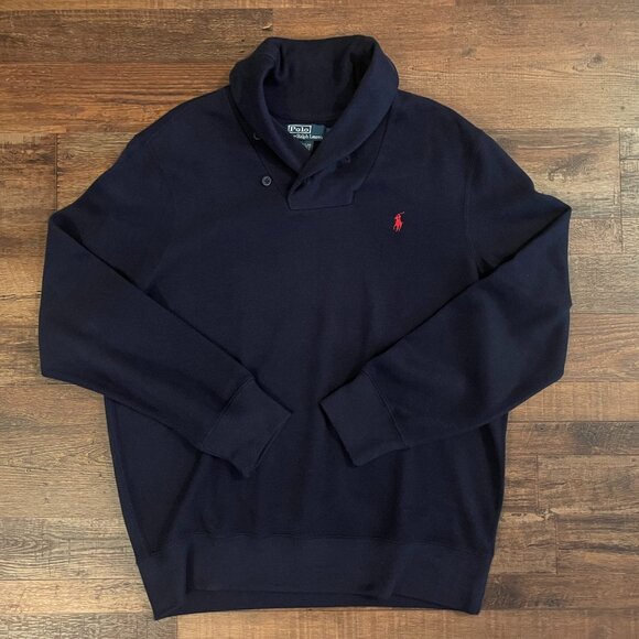 Polo Ralph Lauren Mens Sweater Classic Shawl Neck Size L Navy Blue - Picture 1 of 11
